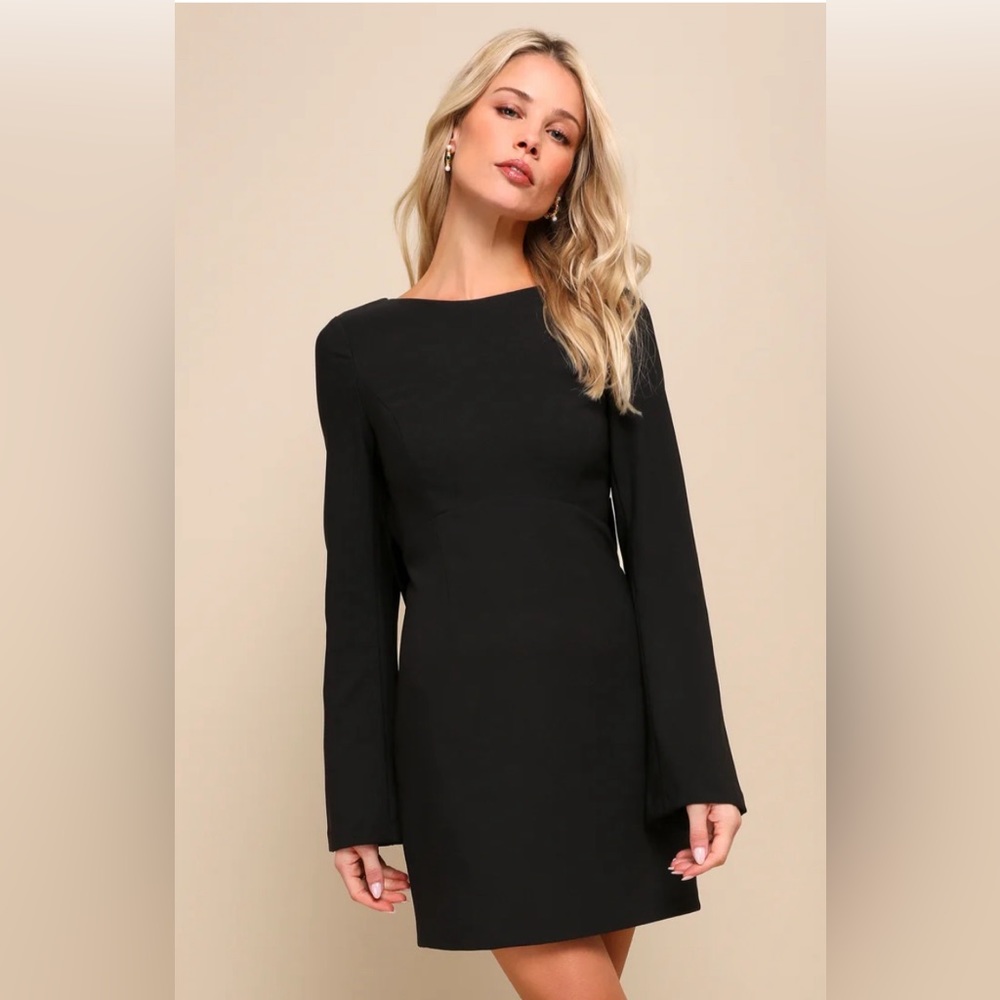 Lulu’s Elegant Cutie Black Bow Long Sleeve Backless Mini Dress